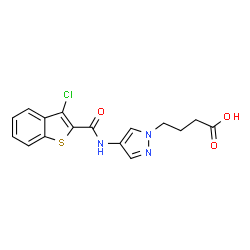 ChemSpider 2D Image | 4-(4-{[(3-Chloro-1-benzothiophen-2-yl)carbonyl]amino}-1H-pyrazol-1-yl)butanoic acid | C16H14ClN3O3S