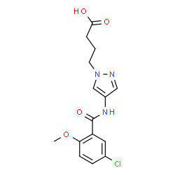 ChemSpider 2D Image | 4-{4-[(5-Chloro-2-methoxybenzoyl)amino]-1H-pyrazol-1-yl}butanoic acid | C15H16ClN3O4