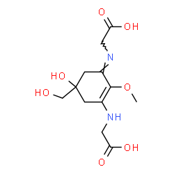 ChemSpider 2D Image | [(E)-{3-[(Carboxymethyl)amino]-5-hydroxy-5-(hydroxymethyl)-2-methoxy-2-cyclohexen-1-ylidene}amino]acetic acid (non-preferred name) | C12H18N2O7