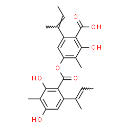 ChemSpider 2D Image | 6-[(2E)-2-Buten-2-yl]-4-({6-[(2E)-2-buten-2-yl]-2,4-dihydroxy-3-methylbenzoyl}oxy)-2-hydroxy-3-methylbenzoic acid | C24H26O7