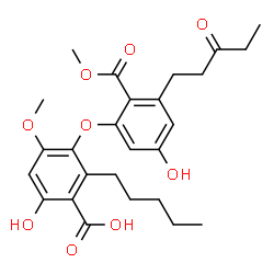 ChemSpider 2D Image | 6-Hydroxy-3-[5-hydroxy-2-(methoxycarbonyl)-3-(3-oxopentyl)phenoxy]-4-methoxy-2-pentylbenzoic acid | C26H32O9