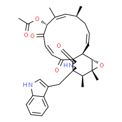 ChemSpider 2D Image | (1Z,4S,5Z,7R,9Z,11aR,14S,14aR,15S,15aR,16aS,16bR)-14-(1H-Indol-3-ylmethyl)-4,6,15,15a-tetramethyl-8,11,12-trioxo-4,7,8,11,12,13,14,14a,15,15a,16a,16b-dodecahydro-3H-cyclotrideca[d]oxireno[f]isoindol-7
-yl acetate | C34H38N2O6