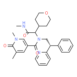 ChemSpider 2D Image | 1,5-Dimethyl-N-[2-(methylamino)-2-oxo-1-(tetrahydro-2H-pyran-4-yl)ethyl]-6-oxo-N-[(2S)-2-phenyl-2-(2-pyridinyl)ethyl]-1,6-dihydro-3-pyridinecarboxamide | C29H34N4O4