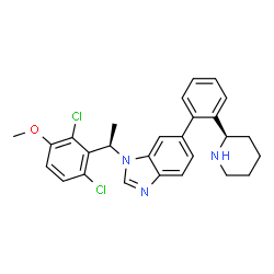 ChemSpider 2D Image | 1-[(1R)-1-(2,6-Dichloro-3-methoxyphenyl)ethyl]-6-{2-[(2R)-2-piperidinyl]phenyl}-1H-benzimidazole | C27H27Cl2N3O
