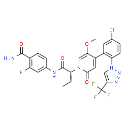 ChemSpider 2D Image | 4-({(2R)-2-[4-{5-Chloro-2-[4-(trifluoromethyl)-1H-1,2,3-triazol-1-yl]phenyl}-5-methoxy-2-oxo-1(2H)-pyridinyl]butanoyl}amino)-2-fluorobenzamide | C26H21ClF4N6O4
