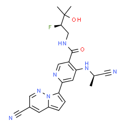 ChemSpider 2D Image | 4-{[(1R)-1-Cyanoethyl]amino}-6-(3-cyanopyrrolo[1,2-b]pyridazin-7-yl)-N-[(2R)-2-fluoro-3-hydroxy-3-methylbutyl]nicotinamide | C22H22FN7O2