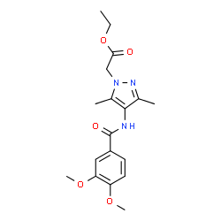 ChemSpider 2D Image | Ethyl {4-[(3,4-dimethoxybenzoyl)amino]-3,5-dimethyl-1H-pyrazol-1-yl}acetate | C18H23N3O5
