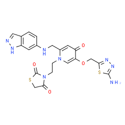 ChemSpider 2D Image | 3-(2-{5-[(5-Amino-1,3,4-thiadiazol-2-yl)methoxy]-2-[(1H-indazol-6-ylamino)methyl]-4-oxo-1(4H)-pyridinyl}ethyl)-1,3-thiazolidine-2,4-dione | C21H20N8O4S2