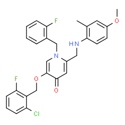 ChemSpider 2D Image | 5-[(2-Chloro-6-fluorobenzyl)oxy]-1-(2-fluorobenzyl)-2-{[(4-methoxy-2-methylphenyl)amino]methyl}-4(1H)-pyridinone | C28H25ClF2N2O3