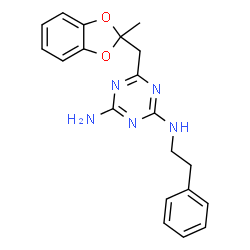 ChemSpider 2D Image | 6-[(2-Methyl-1,3-benzodioxol-2-yl)methyl]-N-(2-phenylethyl)-1,3,5-triazine-2,4-diamine | C20H21N5O2