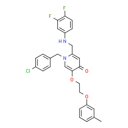 ChemSpider 2D Image | 1-(4-Chlorobenzyl)-2-{[(3,4-difluorophenyl)amino]methyl}-5-[2-(3-methylphenoxy)ethoxy]-4(1H)-pyridinone | C28H25ClF2N2O3