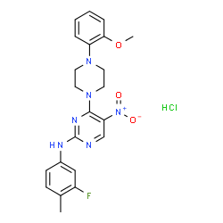 ChemSpider 2D Image | N-(3-Fluoro-4-methylphenyl)-4-[4-(2-methoxyphenyl)-1-piperazinyl]-5-nitro-2-pyrimidinamine hydrochloride (1:1) | C22H24ClFN6O3