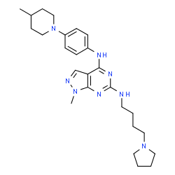 ChemSpider 2D Image | 1-Methyl-N~4~-[4-(4-methyl-1-piperidinyl)phenyl]-N~6~-[4-(1-pyrrolidinyl)butyl]-1H-pyrazolo[3,4-d]pyrimidine-4,6-diamine | C26H38N8