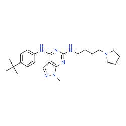 ChemSpider 2D Image | 1-Methyl-N~4~-[4-(2-methyl-2-propanyl)phenyl]-N~6~-[4-(1-pyrrolidinyl)butyl]-1H-pyrazolo[3,4-d]pyrimidine-4,6-diamine | C24H35N7