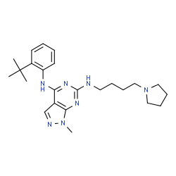 ChemSpider 2D Image | 1-Methyl-N~4~-[2-(2-methyl-2-propanyl)phenyl]-N~6~-[4-(1-pyrrolidinyl)butyl]-1H-pyrazolo[3,4-d]pyrimidine-4,6-diamine | C24H35N7