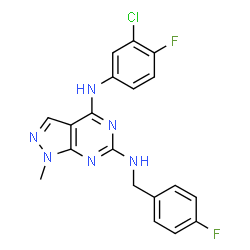 ChemSpider 2D Image | N~4~-(3-Chloro-4-fluorophenyl)-N~6~-(4-fluorobenzyl)-1-methyl-1H-pyrazolo[3,4-d]pyrimidine-4,6-diamine | C19H15ClF2N6