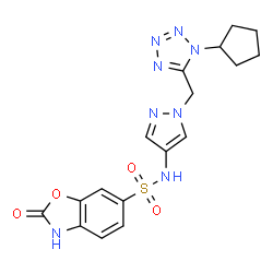 ChemSpider 2D Image | N-{1-[(1-Cyclopentyl-1H-tetrazol-5-yl)methyl]-1H-pyrazol-4-yl}-2-oxo-2,3-dihydro-1,3-benzoxazole-6-sulfonamide | C17H18N8O4S