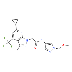 ChemSpider 2D Image | 2-[6-Cyclopropyl-3-methyl-4-(trifluoromethyl)-1H-pyrazolo[3,4-b]pyridin-1-yl]-N-[1-(methoxymethyl)-1H-pyrazol-4-yl]acetamide | C18H19F3N6O2