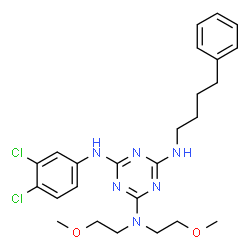 ChemSpider 2D Image | N~4~-(3,4-Dichlorophenyl)-N~2~,N~2~-bis(2-methoxyethyl)-N~6~-(4-phenylbutyl)-1,3,5-triazine-2,4,6-triamine | C25H32Cl2N6O2