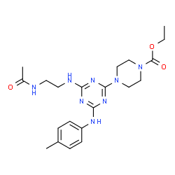 ChemSpider 2D Image | Ethyl 4-{4-[(2-acetamidoethyl)amino]-6-[(4-methylphenyl)amino]-1,3,5-triazin-2-yl}-1-piperazinecarboxylate | C21H30N8O3