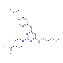 ChemSpider 2D Image | 1-{4-[(4-Acetamidophenyl)amino]-6-[(3-methoxypropyl)amino]-1,3,5-triazin-2-yl}-4-piperidinecarboxamide | C21H30N8O3
