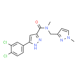 ChemSpider 2D Image | 5-(3,4-Dichlorophenyl)-N-methyl-N-[(1-methyl-1H-pyrazol-3-yl)methyl]-1H-pyrazole-3-carboxamide | C16H15Cl2N5O