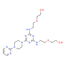 ChemSpider 2D Image | 2,2'-[{6-[4-(2-Pyrimidinyl)-1-piperazinyl]-1,3,5-triazine-2,4-diyl}bis(imino-2,1-ethanediyloxy)]diethanol | C19H31N9O4