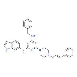 ChemSpider 2D Image | N-Benzyl-N'-(1H-indol-6-yl)-6-{4-[(2E)-3-phenyl-2-propen-1-yl]-1-piperazinyl}-1,3,5-triazine-2,4-diamine | C31H32N8