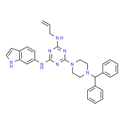 ChemSpider 2D Image | N-Allyl-6-[4-(diphenylmethyl)-1-piperazinyl]-N'-(1H-indol-6-yl)-1,3,5-triazine-2,4-diamine | C31H32N8