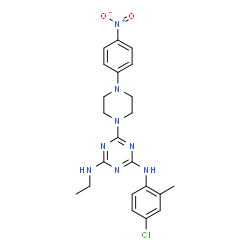 ChemSpider 2D Image | N-(4-Chloro-2-methylphenyl)-N'-ethyl-6-[4-(4-nitrophenyl)-1-piperazinyl]-1,3,5-triazine-2,4-diamine | C22H25ClN8O2