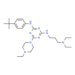 ChemSpider 2D Image | N-[3-(Diethylamino)propyl]-6-(4-ethyl-1-piperazinyl)-N'-[4-(2-methyl-2-propanyl)phenyl]-1,3,5-triazine-2,4-diamine | C26H44N8