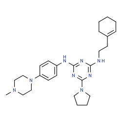ChemSpider 2D Image | N-[2-(1-Cyclohexen-1-yl)ethyl]-N'-[4-(4-methyl-1-piperazinyl)phenyl]-6-(1-pyrrolidinyl)-1,3,5-triazine-2,4-diamine | C26H38N8