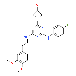ChemSpider 2D Image | 1-(4-[(3-Chloro-4-fluorophenyl)amino]-6-{[2-(3,4-dimethoxyphenyl)ethyl]amino}-1,3,5-triazin-2-yl)-3-azetidinol | C22H24ClFN6O3