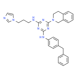 ChemSpider 2D Image | N-(4-Benzylphenyl)-6-(3,4-dihydro-2(1H)-isoquinolinyl)-N'-[3-(1H-imidazol-1-yl)propyl]-1,3,5-triazine-2,4-diamine | C31H32N8