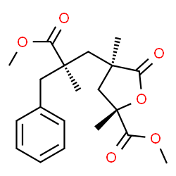 ChemSpider 2D Image | Methyl (2S,4R)-4-[(2R)-2-benzyl-3-methoxy-2-methyl-3-oxopropyl]-2,4-dimethyl-5-oxotetrahydro-2-furancarboxylate | C20H26O6