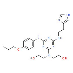 ChemSpider 2D Image | 2,2'-[(4-{[2-(1H-Imidazol-4-yl)ethyl]amino}-6-[(4-propoxyphenyl)amino]-1,3,5-triazin-2-yl)imino]diethanol | C21H30N8O3