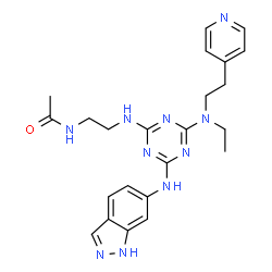 ChemSpider 2D Image | N-(2-{[4-{Ethyl[2-(4-pyridinyl)ethyl]amino}-6-(1H-indazol-6-ylamino)-1,3,5-triazin-2-yl]amino}ethyl)acetamide | C23H28N10O