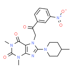 ChemSpider 2D Image | 1,3-Dimethyl-8-(4-methyl-1-piperidinyl)-7-[2-(3-nitrophenyl)-2-oxoethyl]-3,7-dihydro-1H-purine-2,6-dione | C21H24N6O5
