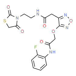 ChemSpider 2D Image | 2-{[4-(2-{[2-(2,4-Dioxo-1,3-thiazolidin-3-yl)ethyl]amino}-2-oxoethyl)-1,2,5-oxadiazol-3-yl]oxy}-N-(2-fluorophenyl)acetamide | C17H16FN5O6S