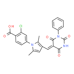 ChemSpider 2D Image | 2-Chloro-4-{2,5-dimethyl-3-[(Z)-(2,4,6-trioxo-1-phenyltetrahydro-5(2H)-pyrimidinylidene)methyl]-1H-pyrrol-1-yl}benzoic acid | C24H18ClN3O5