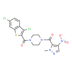ChemSpider 2D Image | (3,6-Dichloro-1-benzothiophen-2-yl){4-[(1-methyl-4-nitro-1H-pyrazol-5-yl)carbonyl]-1-piperazinyl}methanone | C18H15Cl2N5O4S