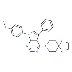 ChemSpider 2D Image | 8-[7-(4-Methoxyphenyl)-5-phenyl-7H-pyrrolo[2,3-d]pyrimidin-4-yl]-1,4-dioxa-8-azaspiro[4.5]decane | C26H26N4O3