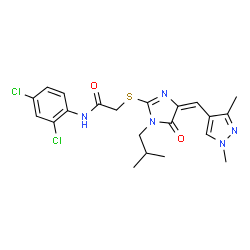 ChemSpider 2D Image | N-(2,4-Dichlorophenyl)-2-({(4E)-4-[(1,3-dimethyl-1H-pyrazol-4-yl)methylene]-1-isobutyl-5-oxo-4,5-dihydro-1H-imidazol-2-yl}sulfanyl)acetamide | C21H23Cl2N5O2S