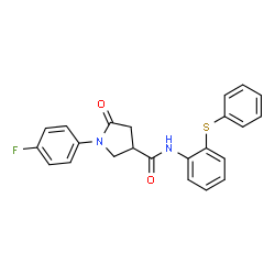 ChemSpider 2D Image | 1-(4-Fluorophenyl)-5-oxo-N-[2-(phenylsulfanyl)phenyl]-3-pyrrolidinecarboxamide | C23H19FN2O2S