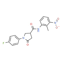 ChemSpider 2D Image | 1-(4-Fluorophenyl)-N-(2-methyl-3-nitrophenyl)-5-oxo-3-pyrrolidinecarboxamide | C18H16FN3O4