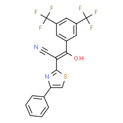 ChemSpider 2D Image | (2Z)-3-[3,5-Bis(trifluoromethyl)phenyl]-3-hydroxy-2-(4-phenyl-1,3-thiazol-2-yl)acrylonitrile | C20H10F6N2OS