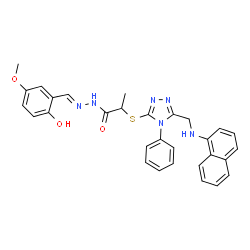 ChemSpider 2D Image | N'-[(E)-(2-Hydroxy-5-methoxyphenyl)methylene]-2-({5-[(1-naphthylamino)methyl]-4-phenyl-4H-1,2,4-triazol-3-yl}sulfanyl)propanehydrazide | C30H28N6O3S