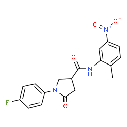 ChemSpider 2D Image | 1-(4-Fluorophenyl)-N-(2-methyl-5-nitrophenyl)-5-oxo-3-pyrrolidinecarboxamide | C18H16FN3O4
