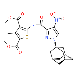 ChemSpider 2D Image | Dimethyl 5-[({1-[(3s,5s,7s)-adamantan-1-yl]-4-nitro-1H-pyrazol-3-yl}carbonyl)amino]-3-methyl-2,4-thiophenedicarboxylate | C23H26N4O7S