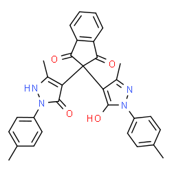 ChemSpider 2D Image | 2-[5-Hydroxy-3-methyl-1-(4-methylphenyl)-1H-pyrazol-4-yl]-2-[5-methyl-2-(4-methylphenyl)-3-oxo-2,3-dihydro-1H-pyrazol-4-yl]-1H-indene-1,3(2H)-dione | C31H26N4O4